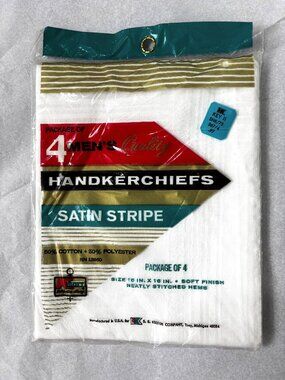 VTG 70s  Kmart Handkerchiefs White Satin Striped Pkg of 4 -16x16" Cotton NWT NOS
